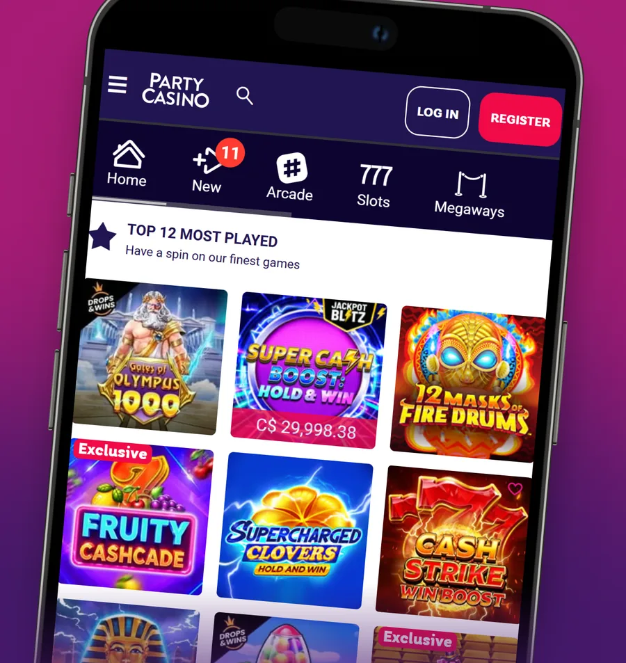 Party Casino app lobby on an iPhone