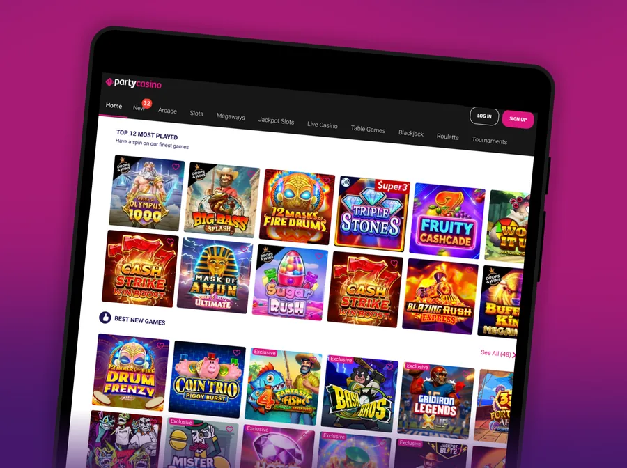 Party Casino lobby with slot tiles on a tablet