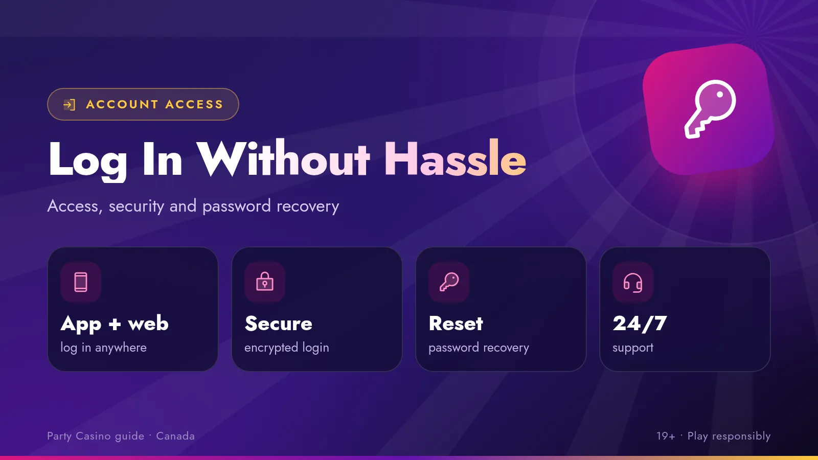 Party Casino login screen on a phone with a shield and key icon