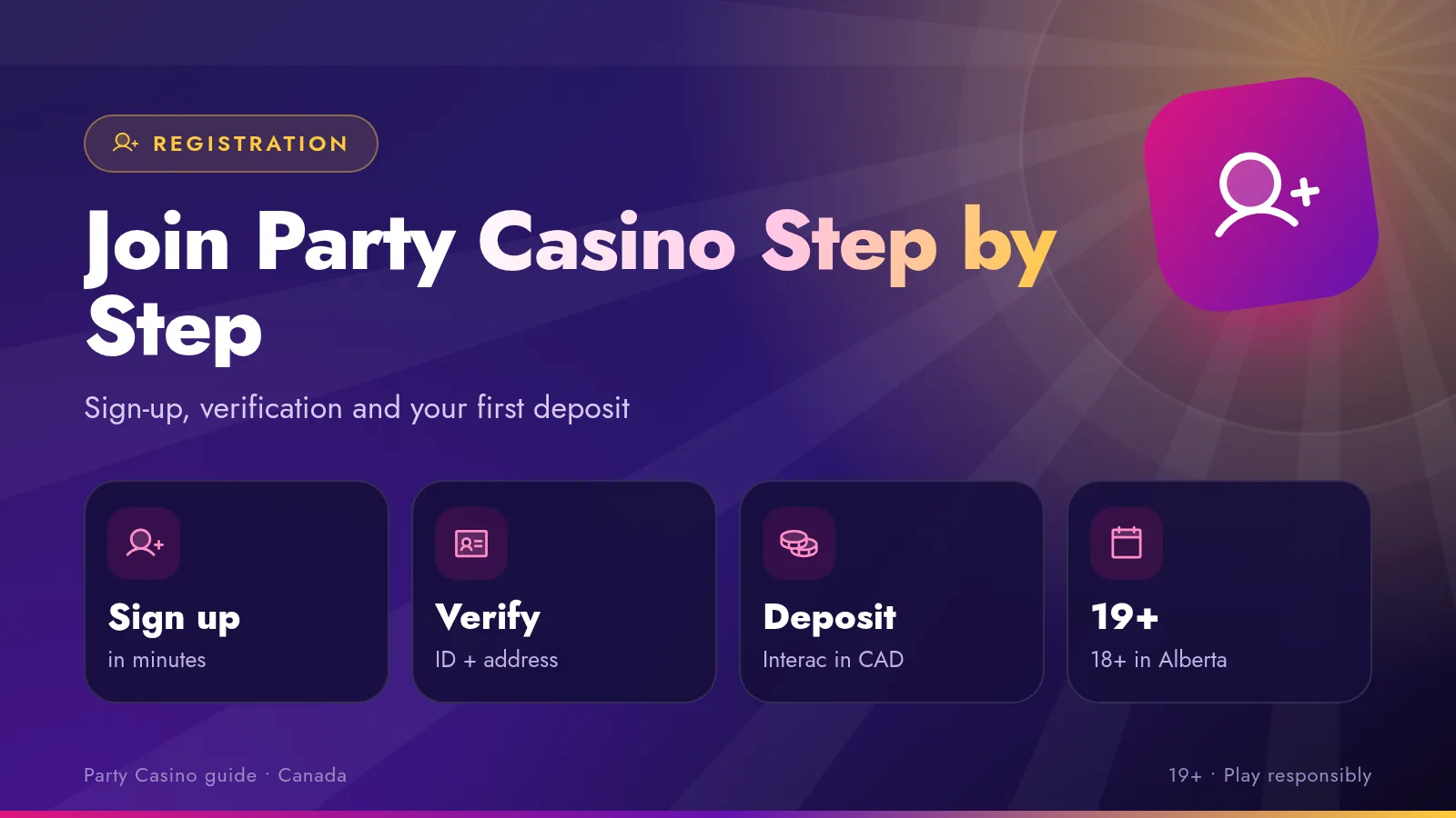 Party Casino sign-up form on a phone with a checklist of name, email and ID steps