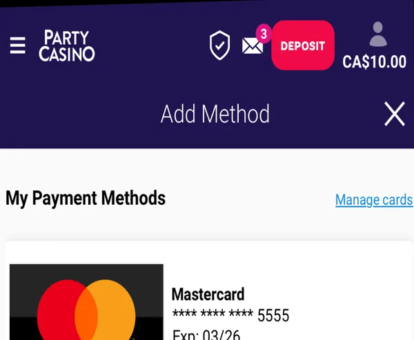 PartyCasino app header with Deposit button and CA$ balance, and the My Payment Methods screen with a saved Mastercard and Manage cards